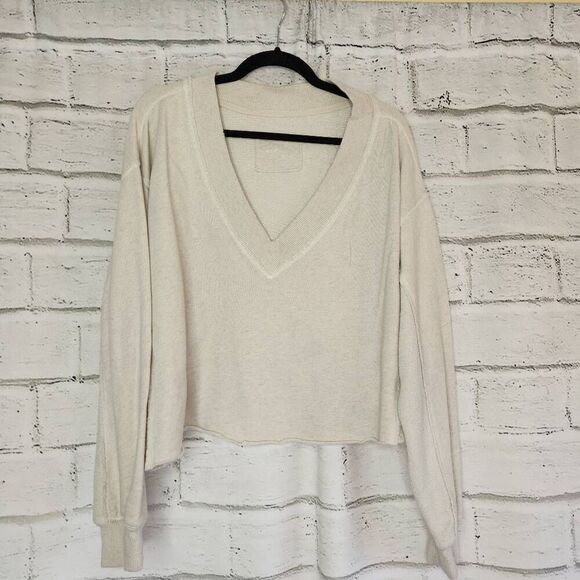 Aerie Womens Cream V-Neck French Terry Crop Long Sleeve Sweatshirt Size Small - Picture 1 of 9